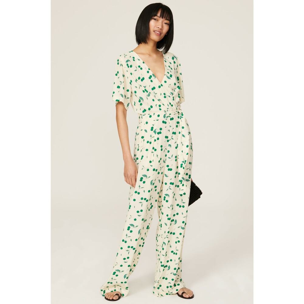 Tara Jarmon FR 36 US 4 Cream Green Cali Cherry Print Wide Leg Jumpsuit 1 PC - Picture 1 of 7